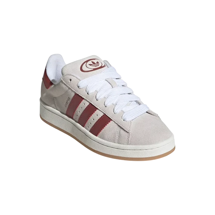 Zapatillas THE KICKS WORLD Adidas Campus 00s de ante blanco cristal con detalles en rojo rubí y cordones gruesos