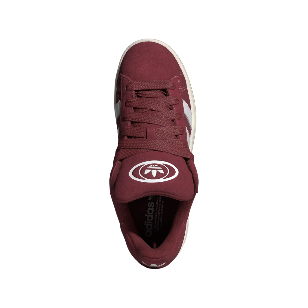 Zapatillas Adidas Campus 00s de ante color burdeos con detalles blancos y cordones gruesos. Estilo retro.
