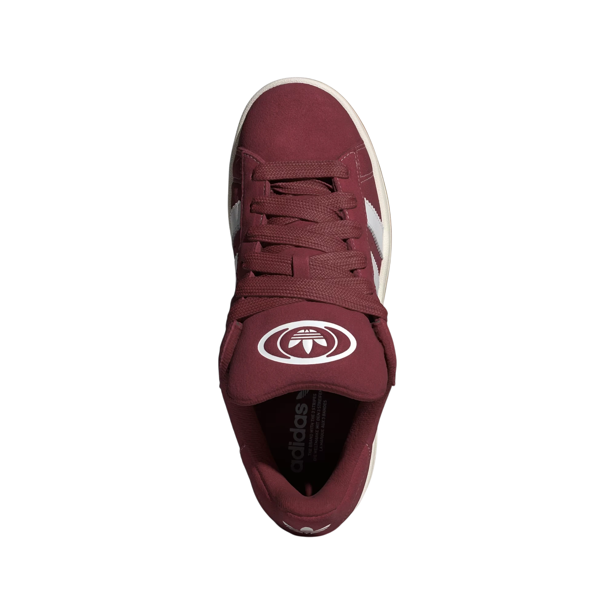 Zapatillas Adidas Campus 00s de ante color burdeos con detalles blancos y cordones gruesos. Estilo retro.