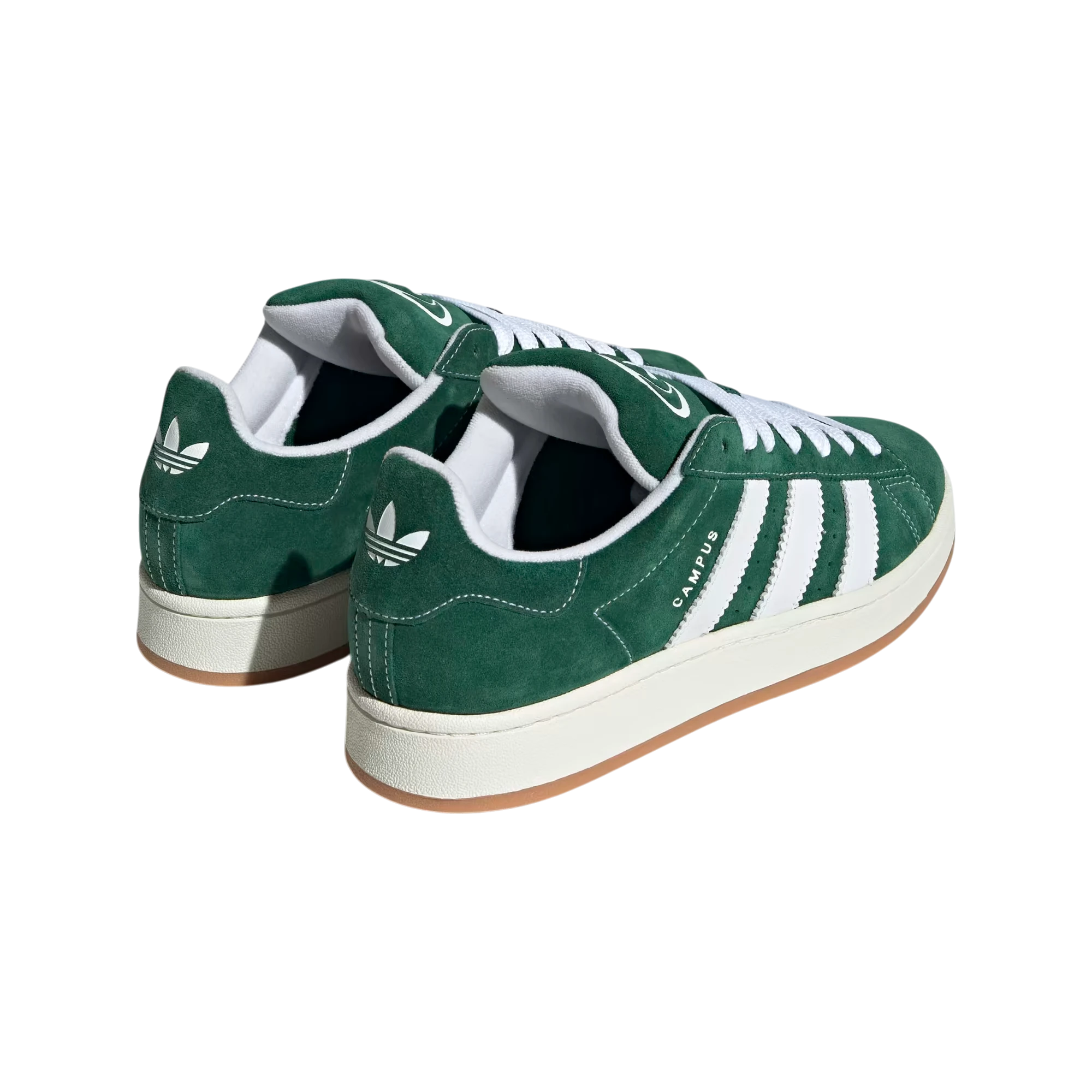 Zapatillas Adidas Campus 00s de ante verde oscuro con detalles blancos y suela de goma. Estilo urbano retro.