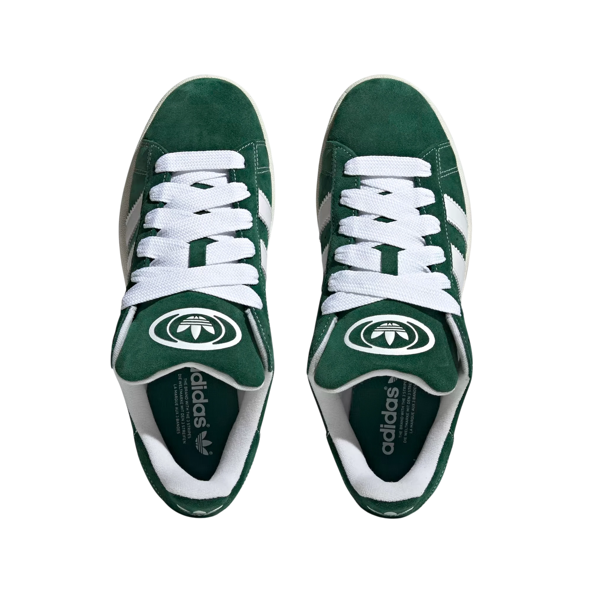 Zapatillas Adidas Campus 00s en ante verde oscuro con detalles blancos y cordones gruesos. Estilo urbano.