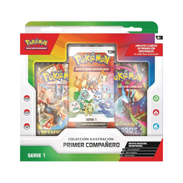 Colección Ilustración Primer Compañero Serie 1 de THE KICKS WORLD con cartas promocionales, sobres y pegatinas Pokémon.