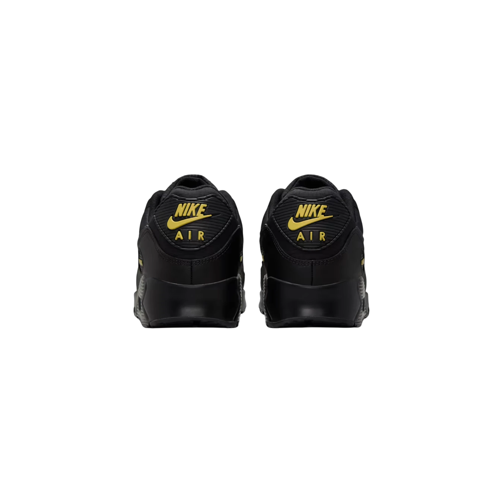 Vista trasera de las zapatillas THE KICKS WORLD Nike Air Max 90 en color negro con detalles en dorado Buff Gold