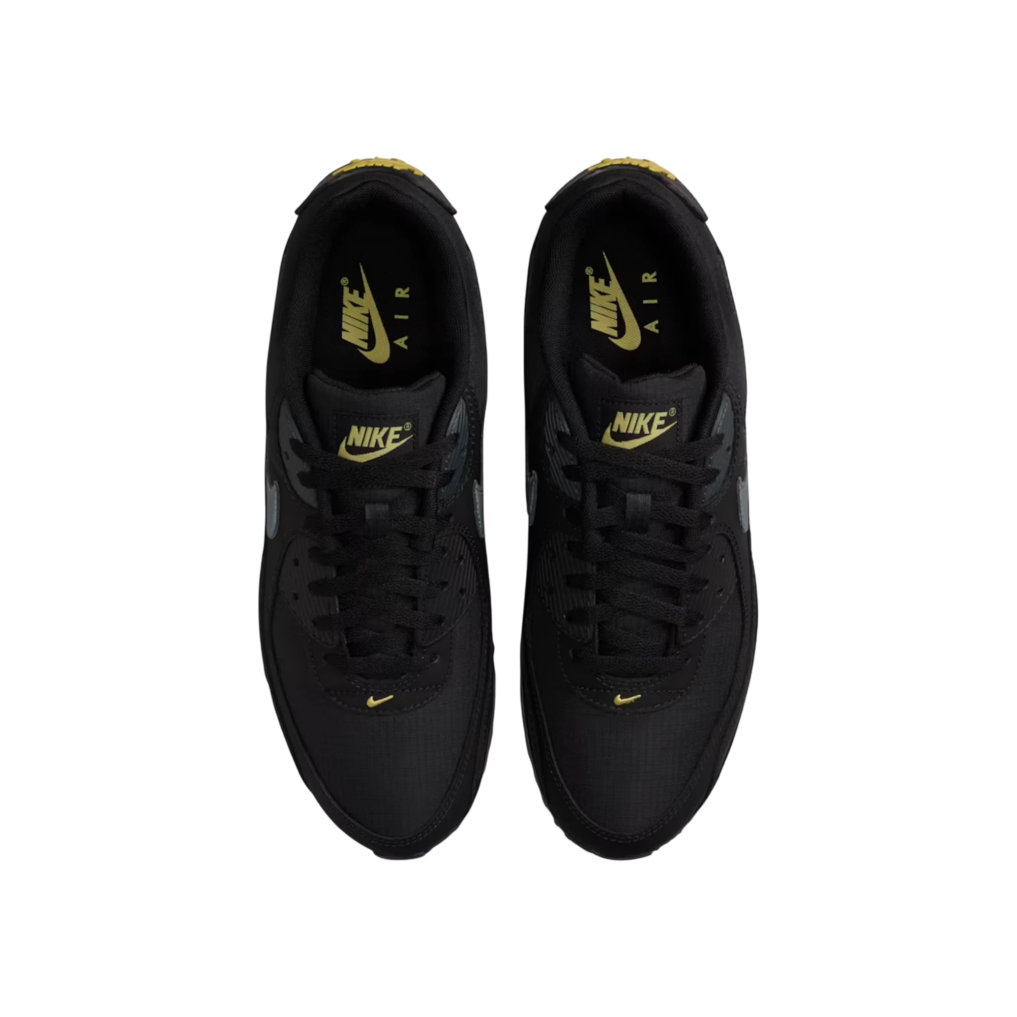 Zapatillas THE KICKS WORLD Nike Air Max 90 en negro con detalles en dorado, vista cenital de estilo urbano.