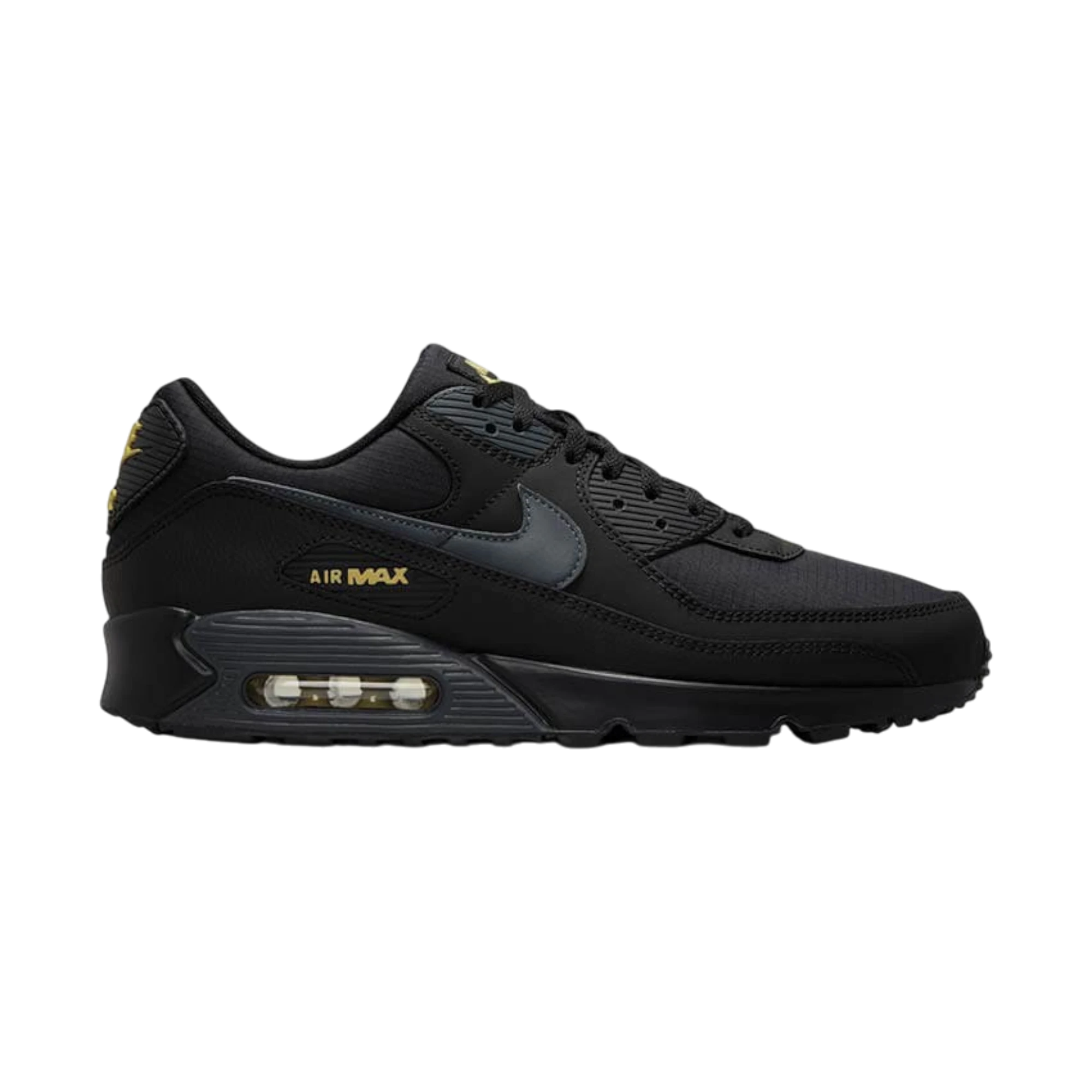 Zapatillas Nike Air Max 90 de THE KICKS WORLD en color negro con detalles en dorado, diseño urbano y unidad Air visible.