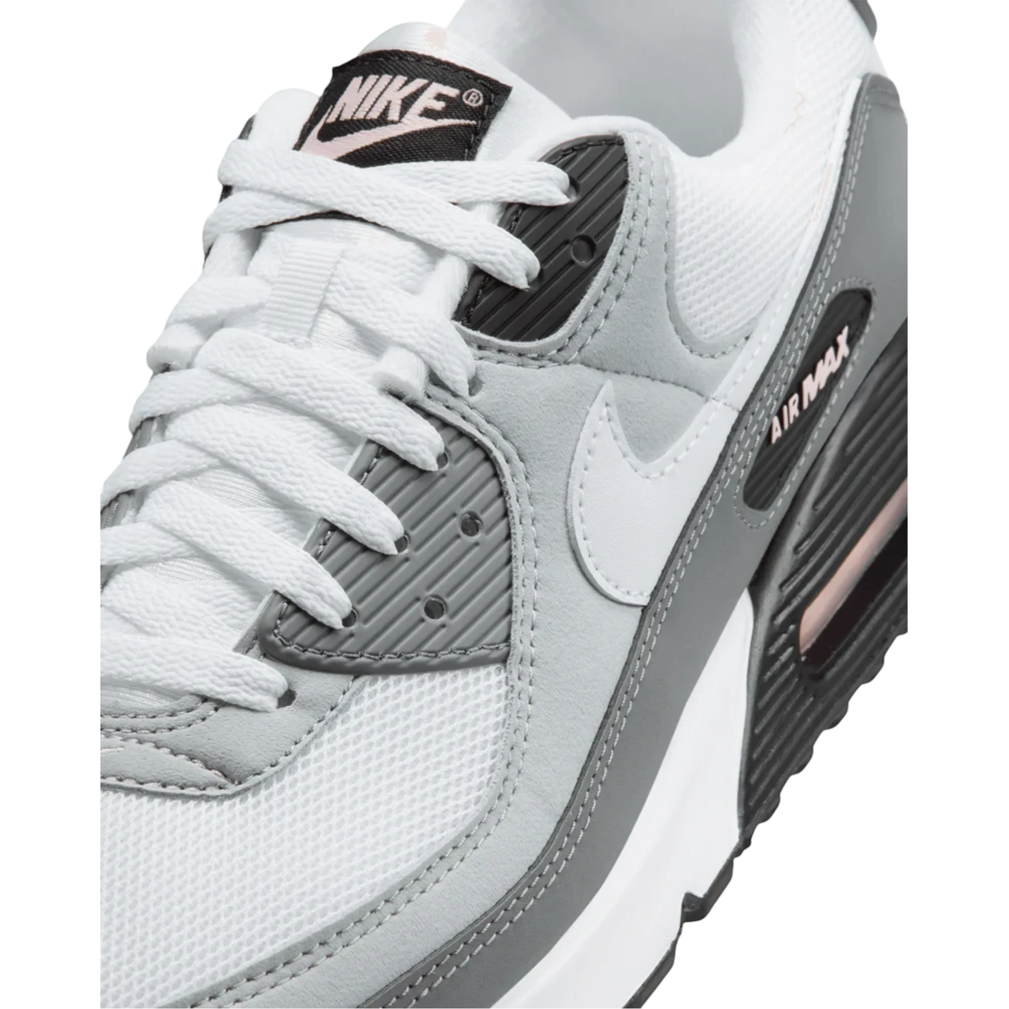 Zapatillas Nike Air Max 90 Pink Foam de THE KICKS WORLD con malla blanca, detalles en gris y acentos rosa suave.