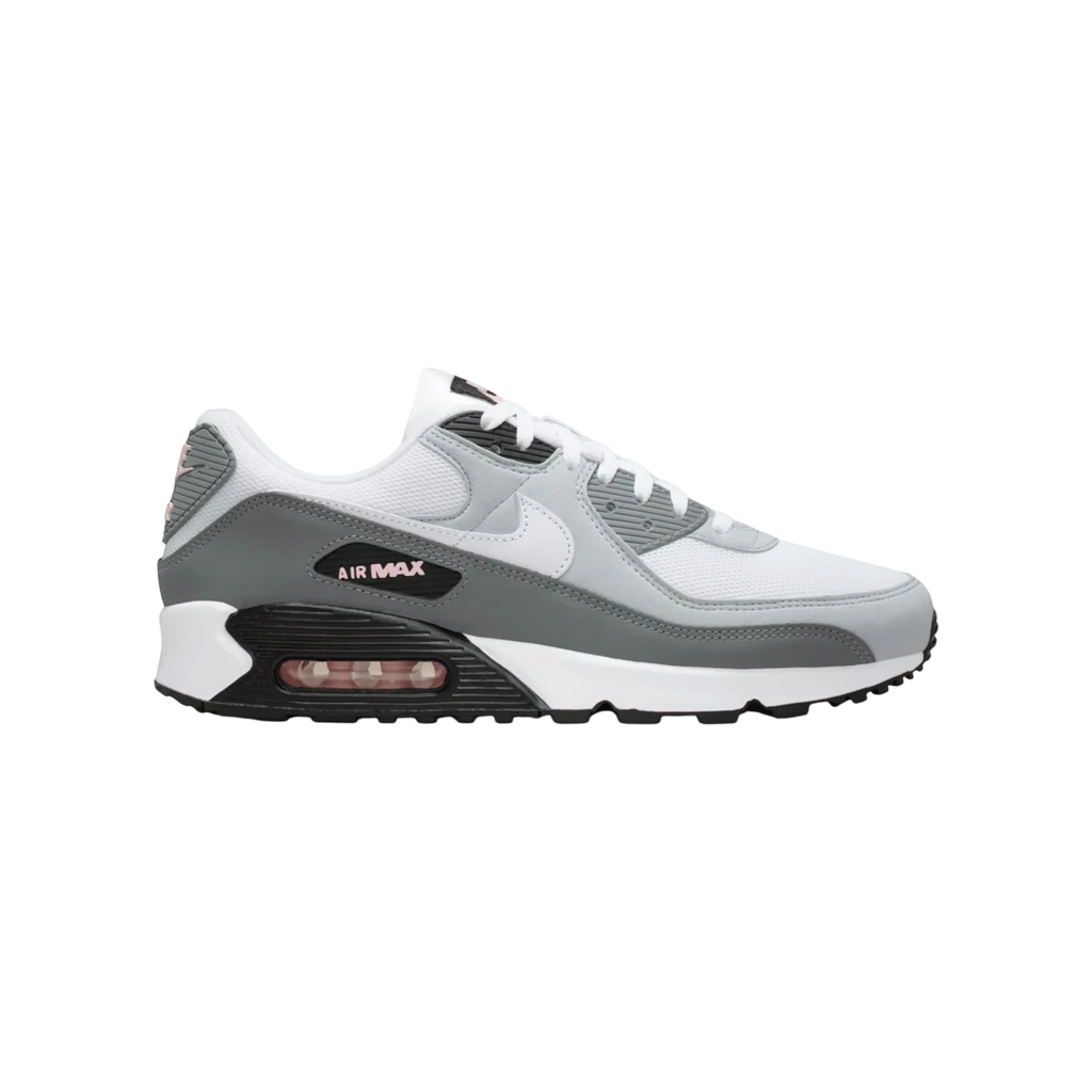 Zapatillas Nike Air Max 90 en blanco, gris y rosa Pink Foam de THE KICKS WORLD con unidad Air visible y diseño retro.