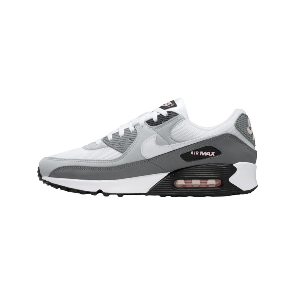 Zapatillas THE KICKS WORLD Nike Air Max 90 en blanco, gris y rosa, con malla y piel sintética, vista lateral.
