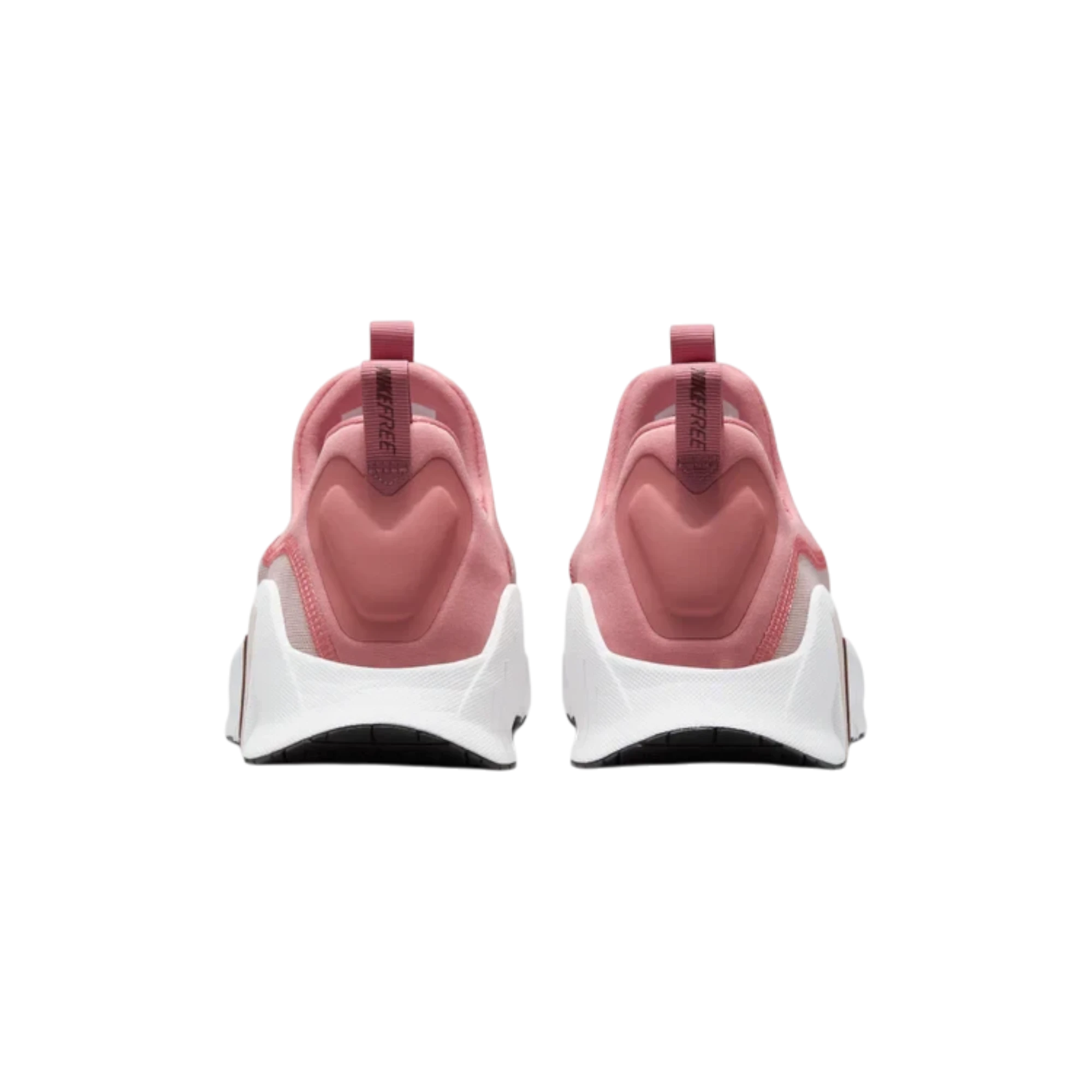 Vista trasera de las zapatillas THE KICKS WORLD Nike Free Metcon 6 en tonos rosa Silt Red y Red Stardust