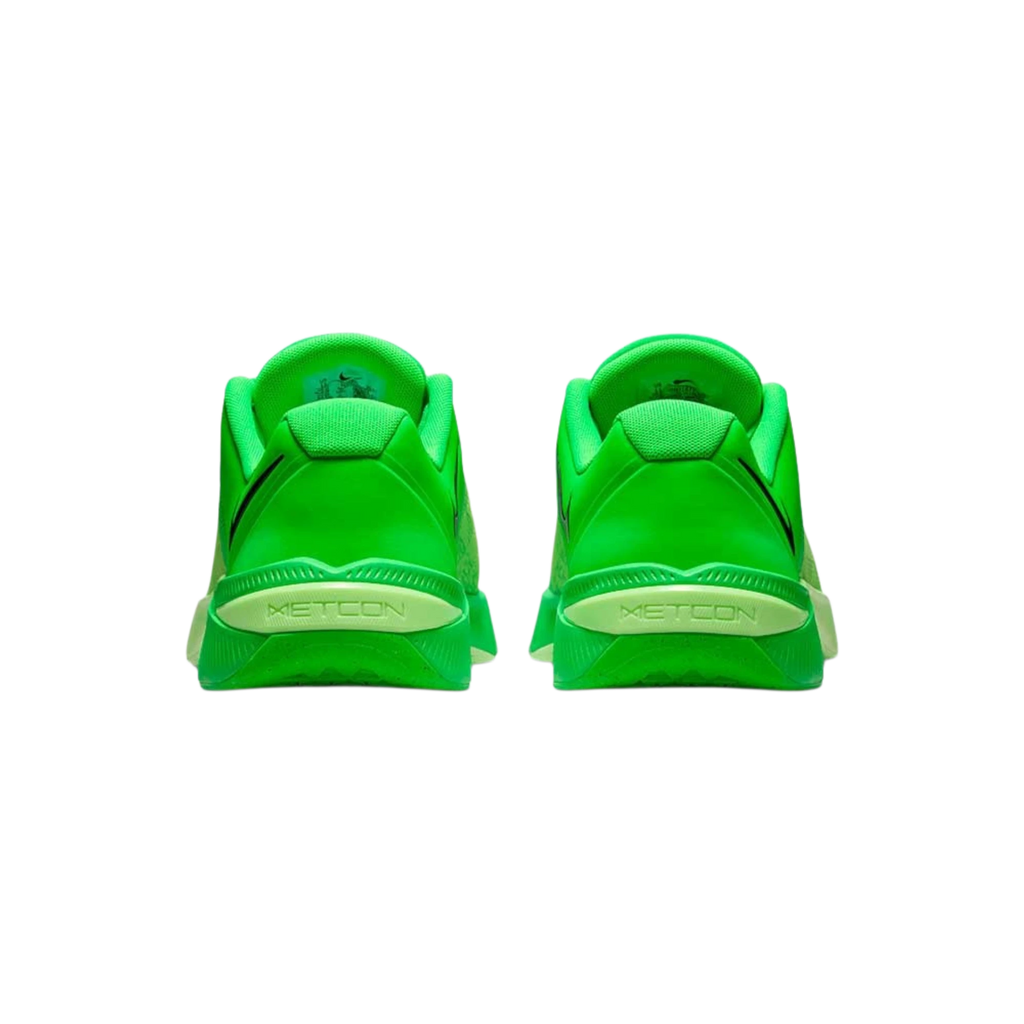 Vista trasera de las zapatillas de entrenamiento THE KICKS WORLD Nike Metcon 10 en color verde neón y lima brillante.