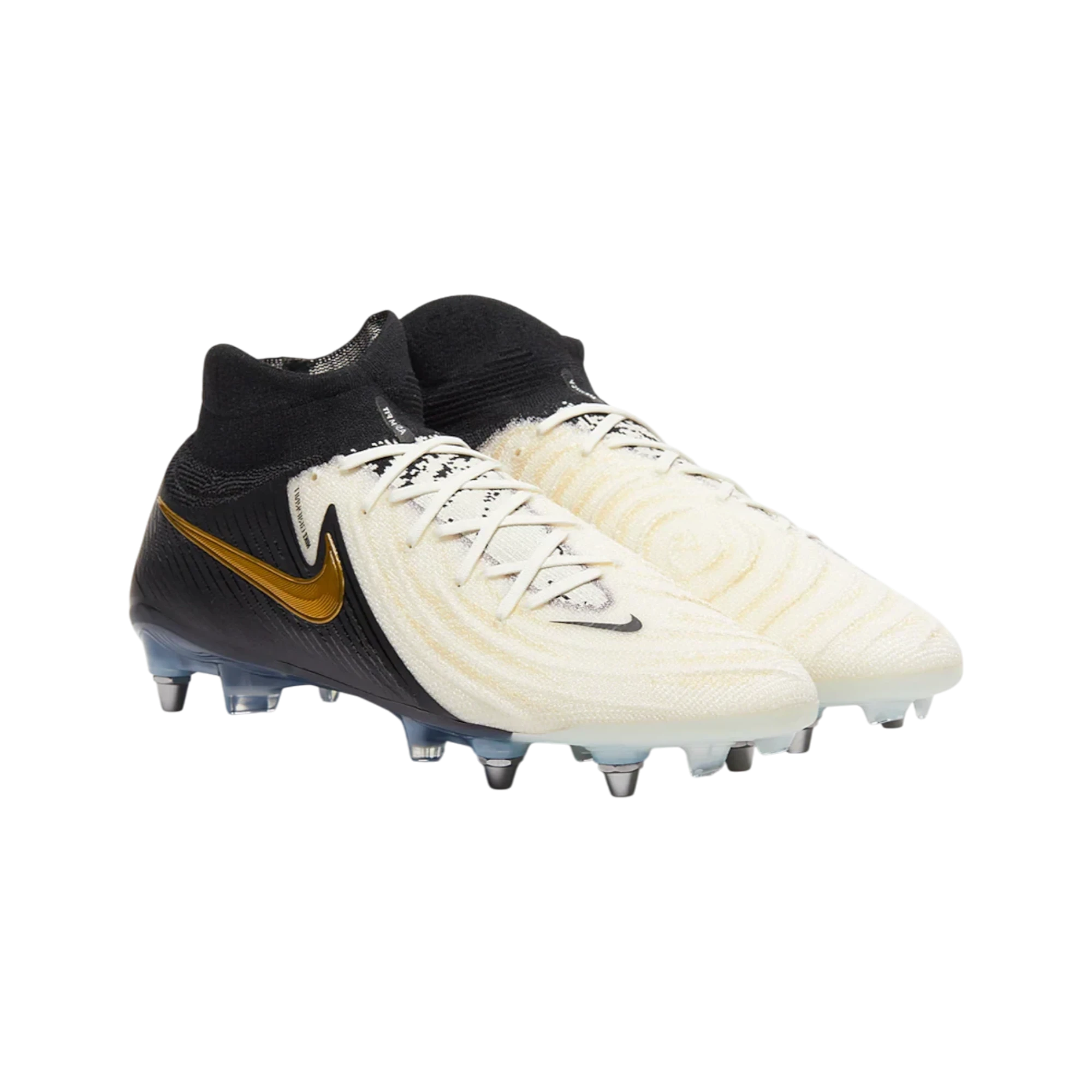Botas de fútbol THE KICKS WORLD Nike Phantom Luna 2 Elite SG-Pro en blanco y negro con detalles dorados y tacos