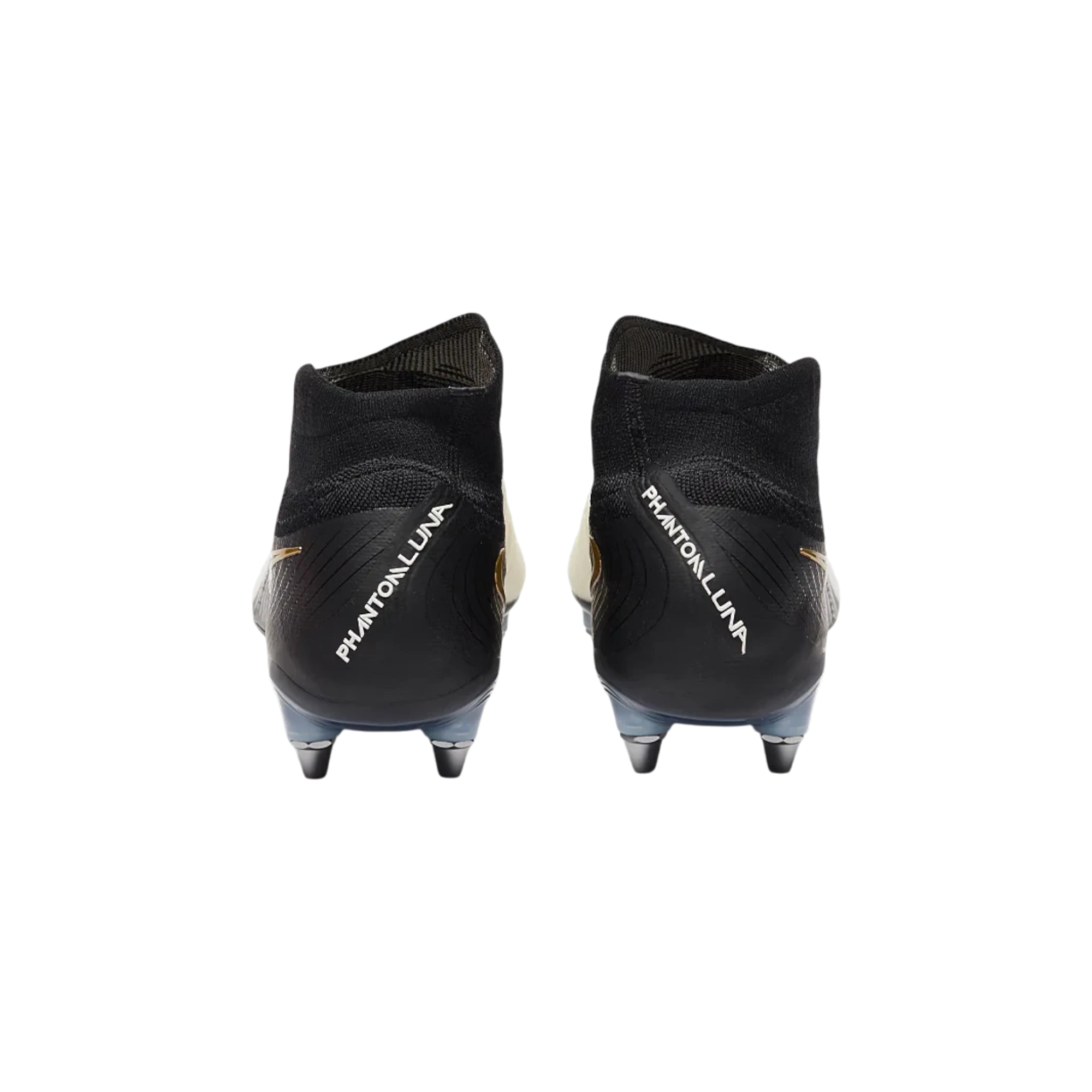 Vista trasera de botas de fútbol THE KICKS WORLD Nike Phantom Luna 2 Elite SG-Pro en negro y blanco con tacos metálicos