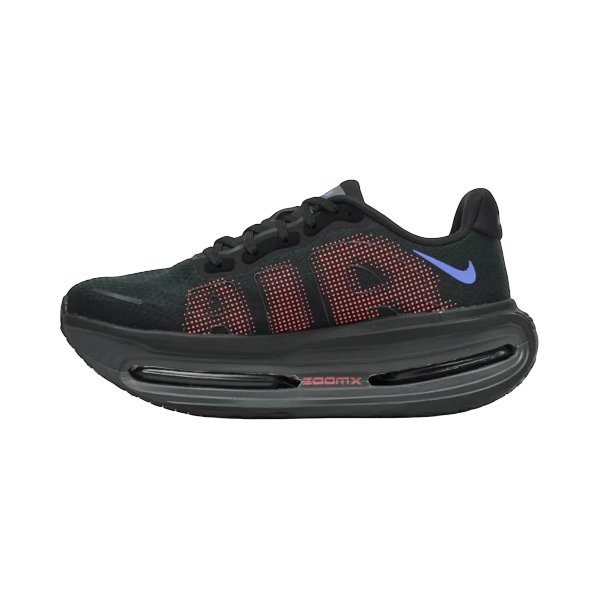 Zapatilla Nike Vomero Premium negra con detalles en zafiro y rosa, malla transpirable y suela ZoomX.