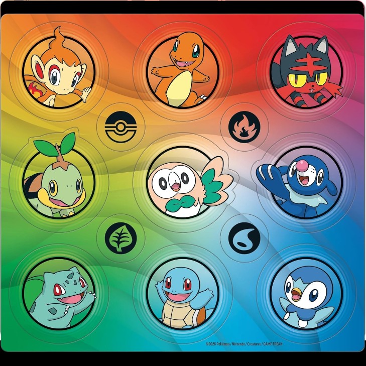Hoja de pegatinas THE KICKS WORLD con ilustraciones coloridas de Pokémon iniciales sobre un fondo degradado arcoíris